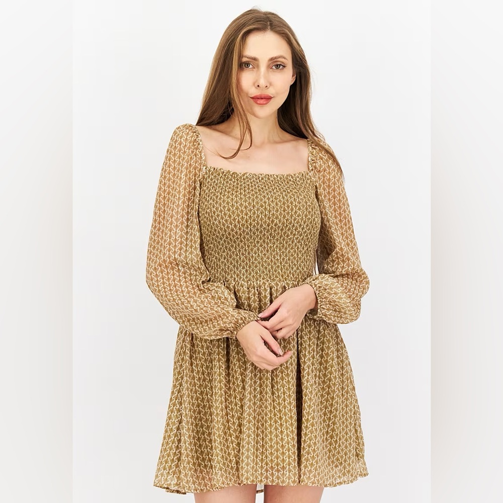 Kourt Anthropologie Wren Gold Smocked Mini dress